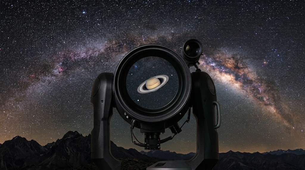 Image depicting a telescope with a night sky in the background making a planet visible through its lense.